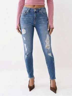 True Religion Curvy Skinny Mid Rise Distressed Jeans Size 29 Medium Blue Wash